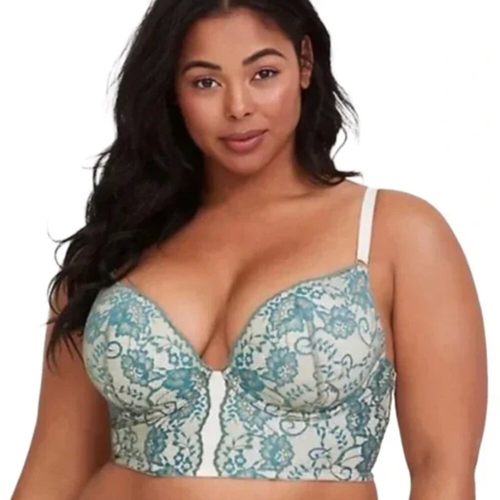 TORRID Plunge Push Up Bra Bustier in White Teal Lace Romantic - Size 40C